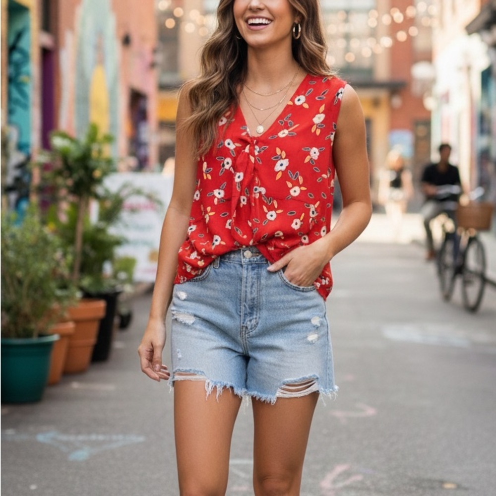 LAST CHANCE - Cabi Red Floral Tie Tank Top Blouse